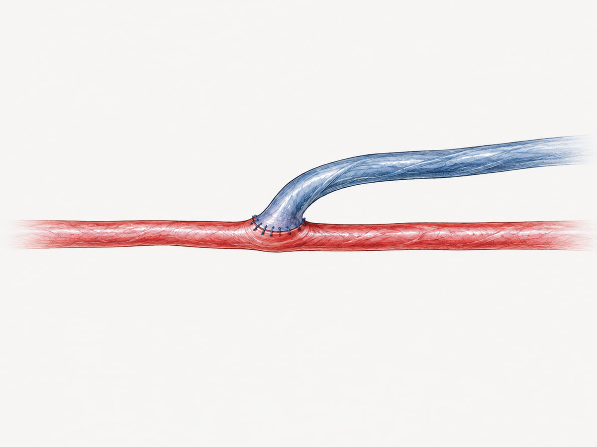 Illustration of an end-to-side arteriovenous fistula, with a vein joining the side of a continuous artery.
