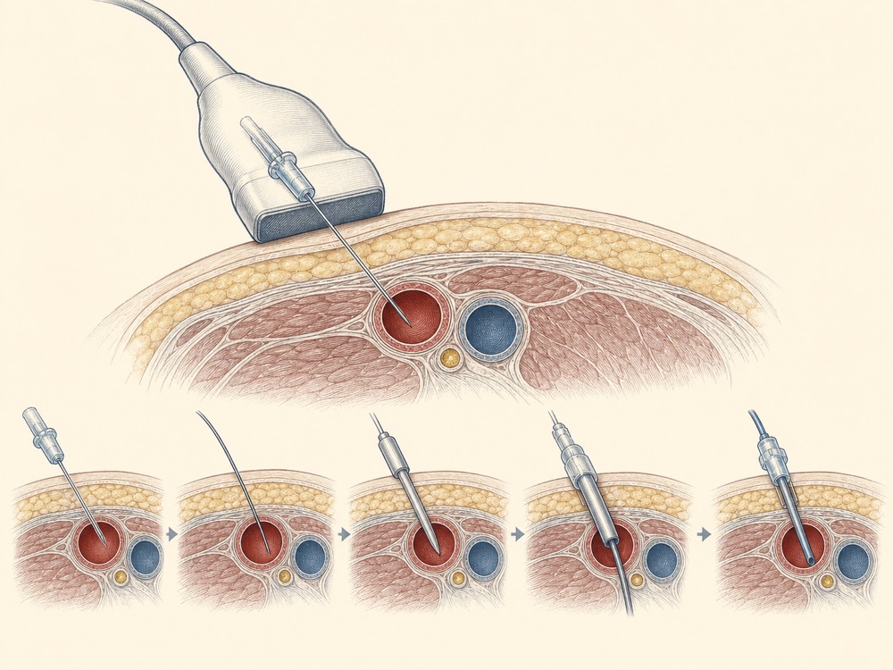 Journal-style illustration of ultrasound-guided arterial access and the Seldinger technique
