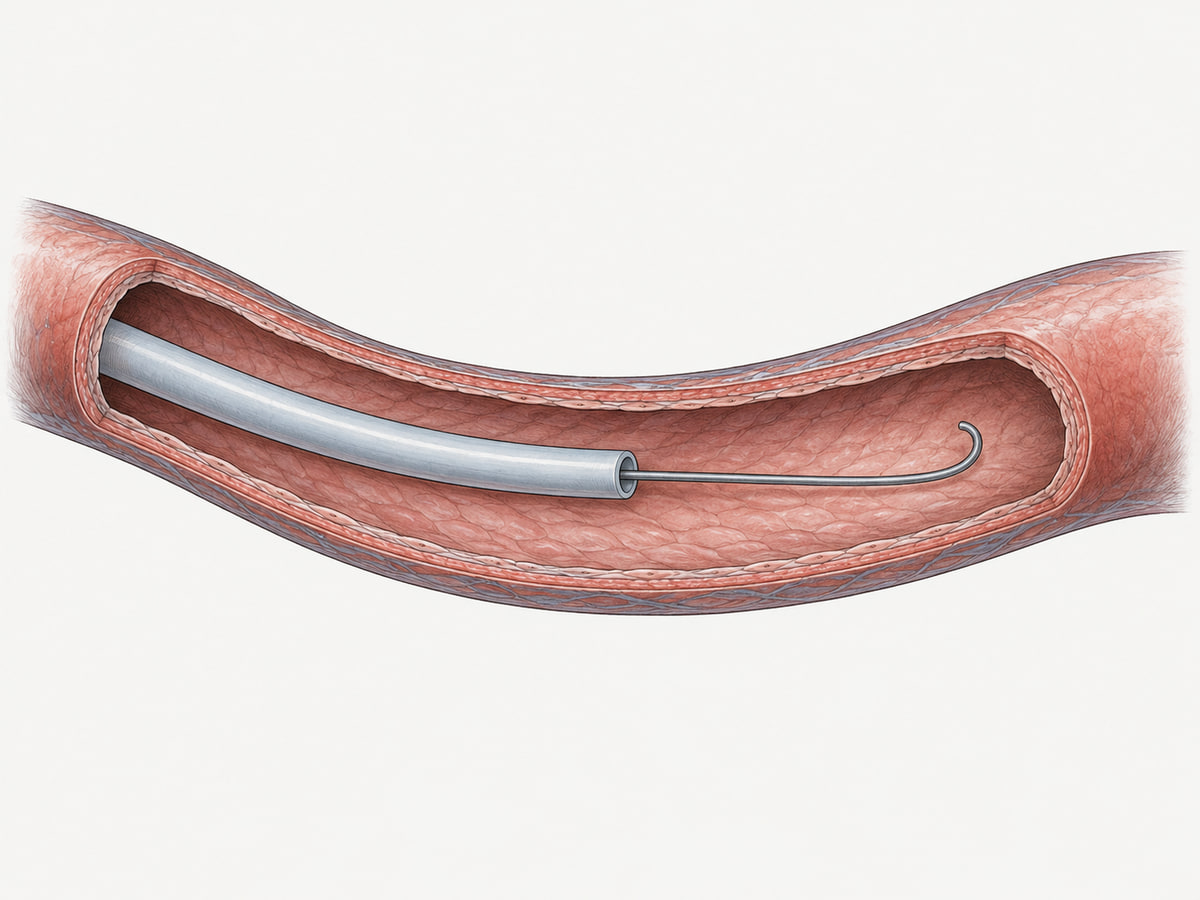 Illustration of a catheter and curved guidewire tip within an artery, shown in a simplified cutaway.