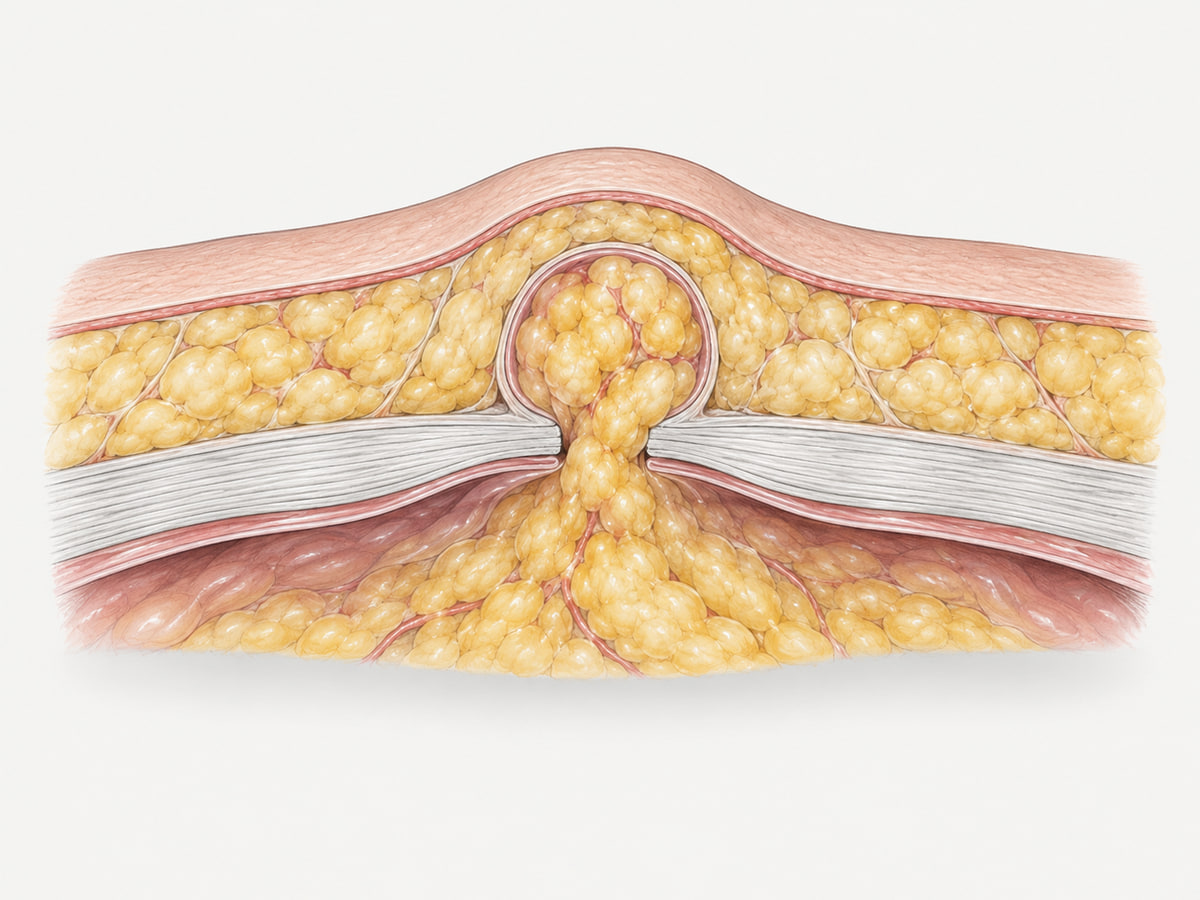 Simplified illustration of a fat-containing abdominal-wall hernia protruding through a fascial defect.