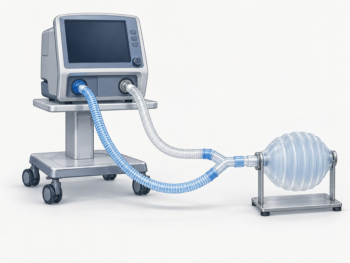 Illustration of a ventilator connected by a dual-limb breathing circuit and Y-piece to a test lung.