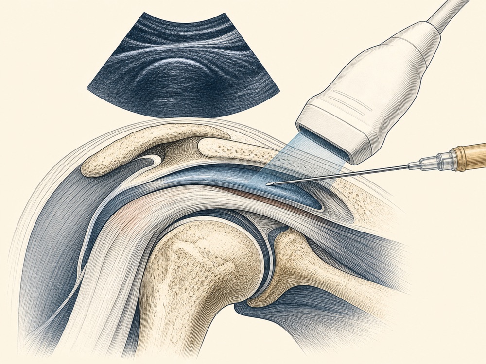 Journal-style illustration of ultrasound-guided shoulder injection anatomy