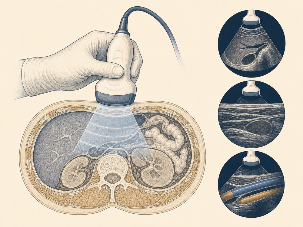 Journal-style illustration of abdominal point-of-care ultrasound views