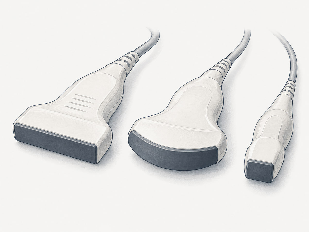 Illustration of linear, curvilinear and small-footprint phased-array ultrasound probes.