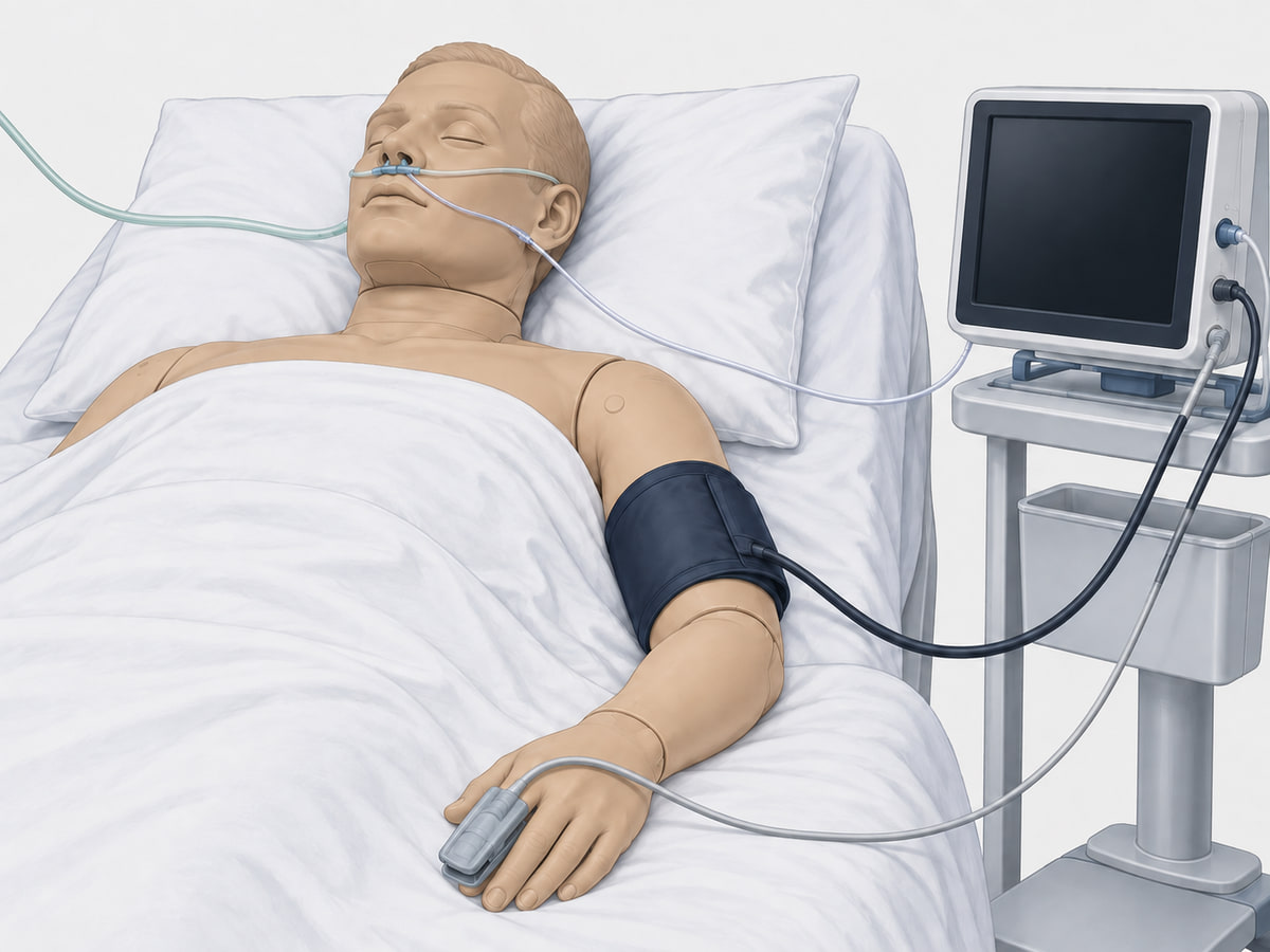 Illustration of a training manikin with nasal oxygen and capnography, an upper-arm blood-pressure cuff and a fingertip pulse-oximeter.