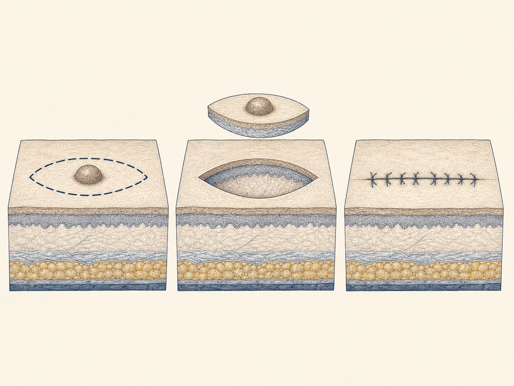 Journal-style illustration of elliptical skin lesion excision and layered closure