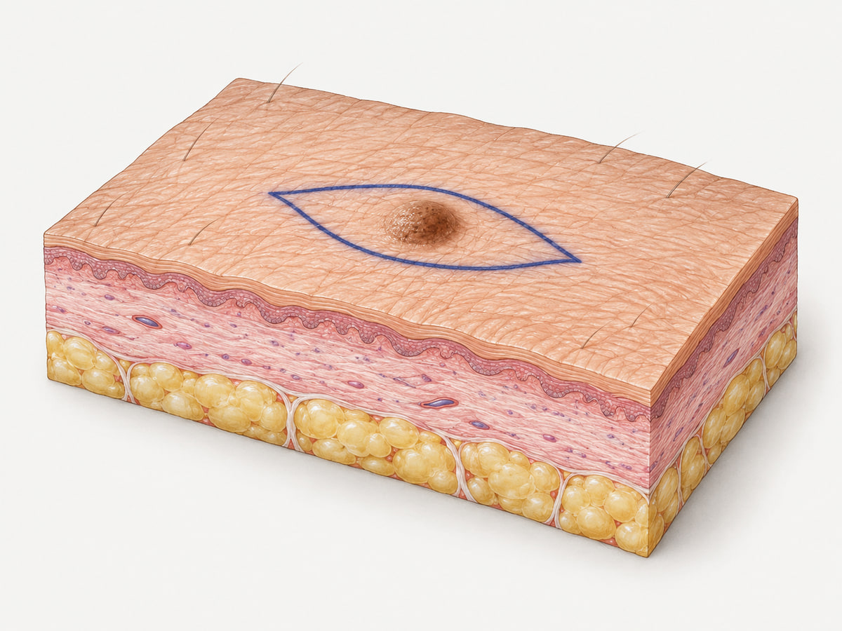 Illustration of a skin lesion with a fusiform excision marking above a simplified skin-layer cutaway.
