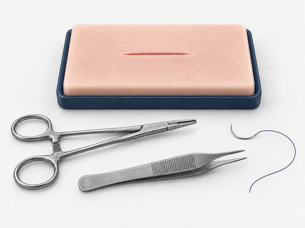 Illustration of a suturing pad, needle holder, forceps and a separate curved needle with one suture strand.