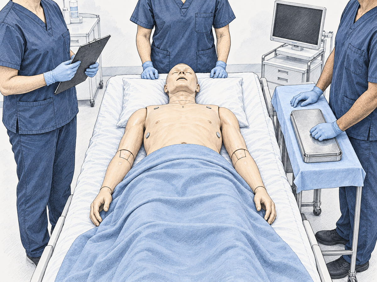 Illustration of three clinicians preparing for a bedside simulation with an adult training manikin.