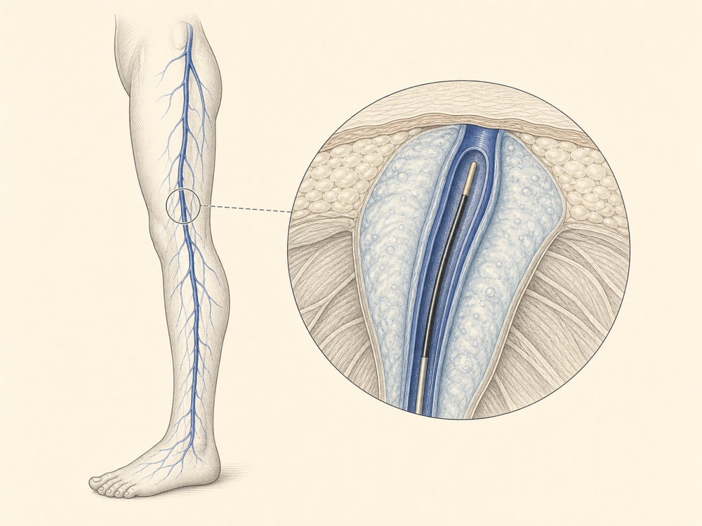 Journal-style illustration of superficial venous anatomy and catheter ablation