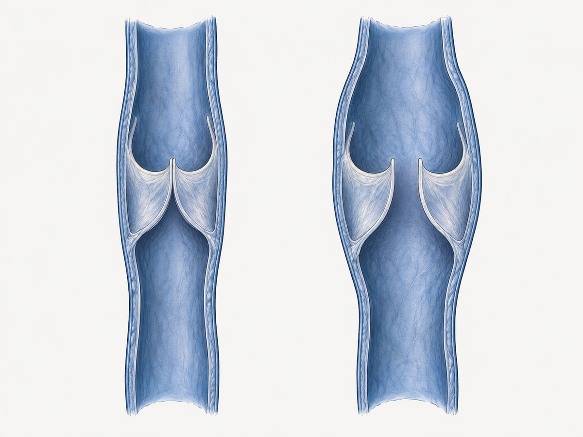 Illustration comparing vein valves whose leaflets meet with valves whose leaflets leave a central gap.