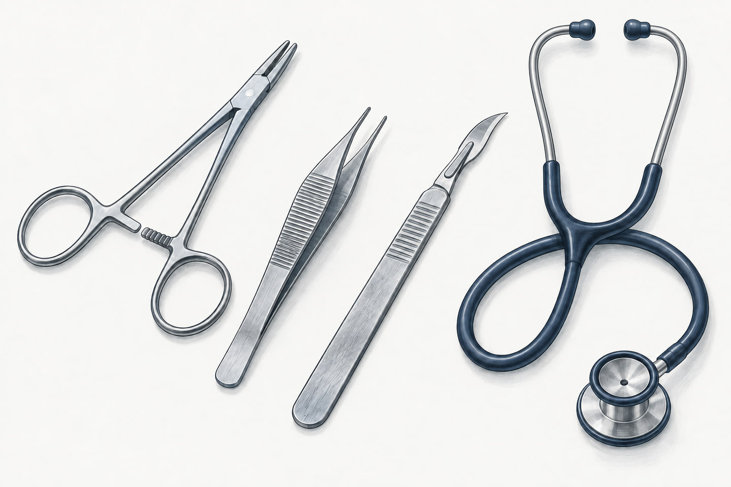 Illustration of a needle holder, tissue forceps, scalpel and stethoscope.